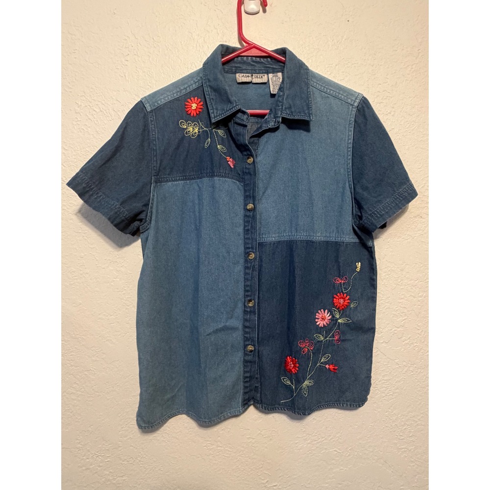 Cabin Creek Petite Large Denim Colorblock Embroidered Floral Button Down Shirt